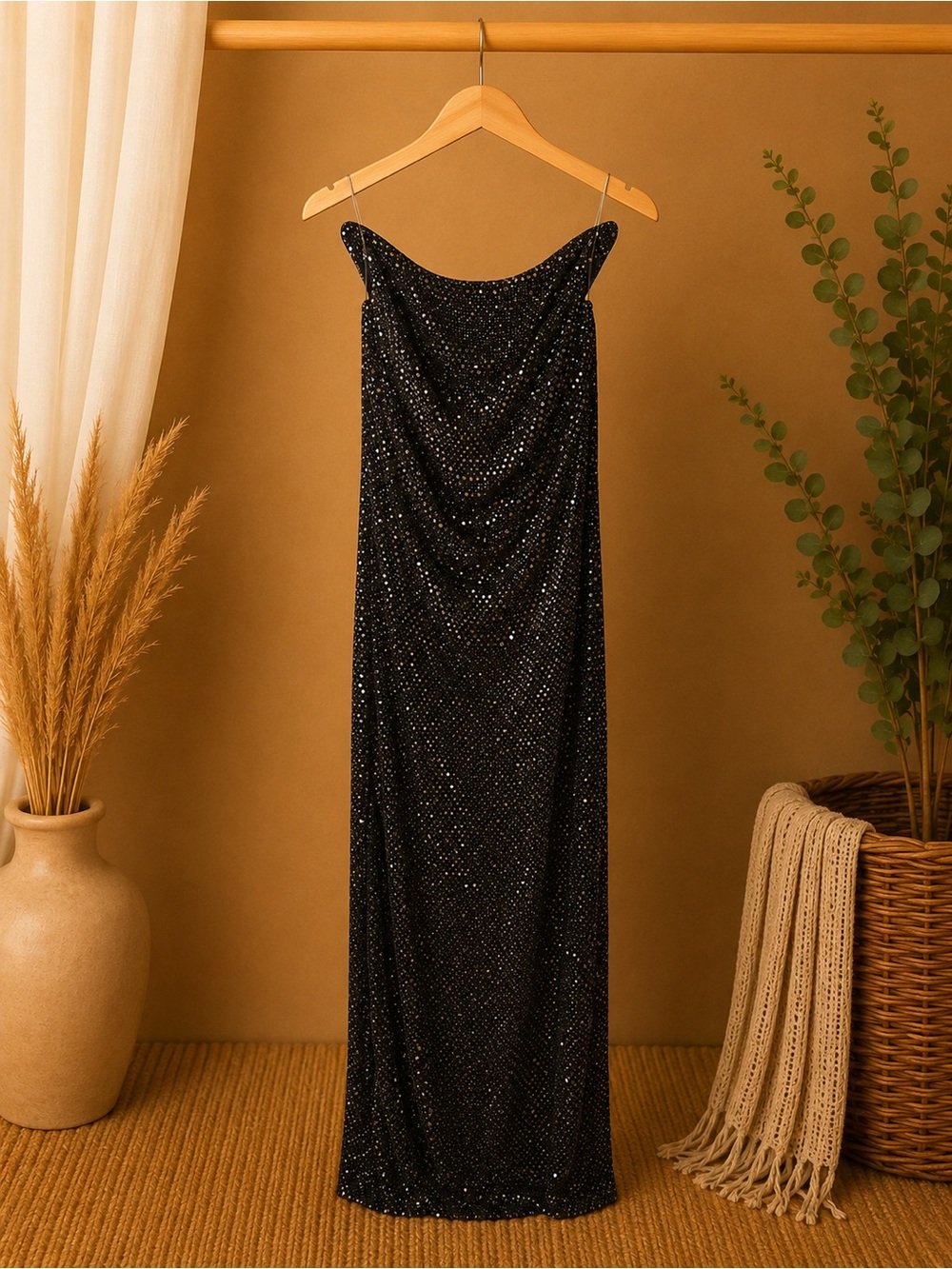 Black Sequin Draped Slip Dress